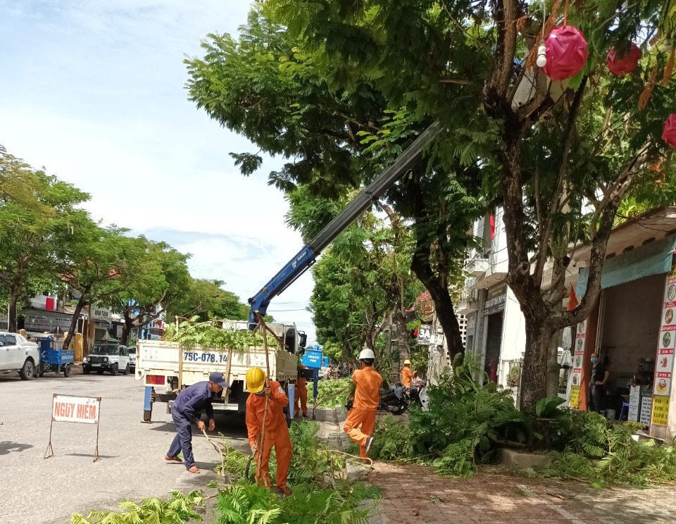 Điện lực Thừa Thiên – Huế tiến hành cắt tỉa cành cây xanh để đề phòng khi bão đổ bộ sẽ ảnh hưởng đến hệ thống lưới điện.