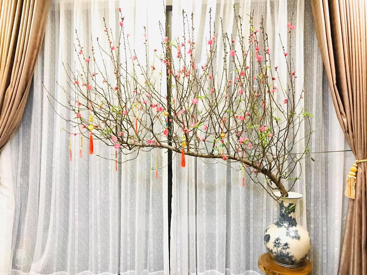 Đào dáng huyền kết hợp bình gốm, hài hoà nét xưa và không khí rực rỡ của mùa xuân. (Ảnh minh hoạ).