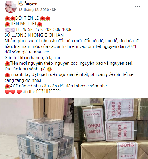 Nhiều tài khoản Facebook quảng cáo bằng hình ảnh những cọc tiền mới để mời chào khách hàng.