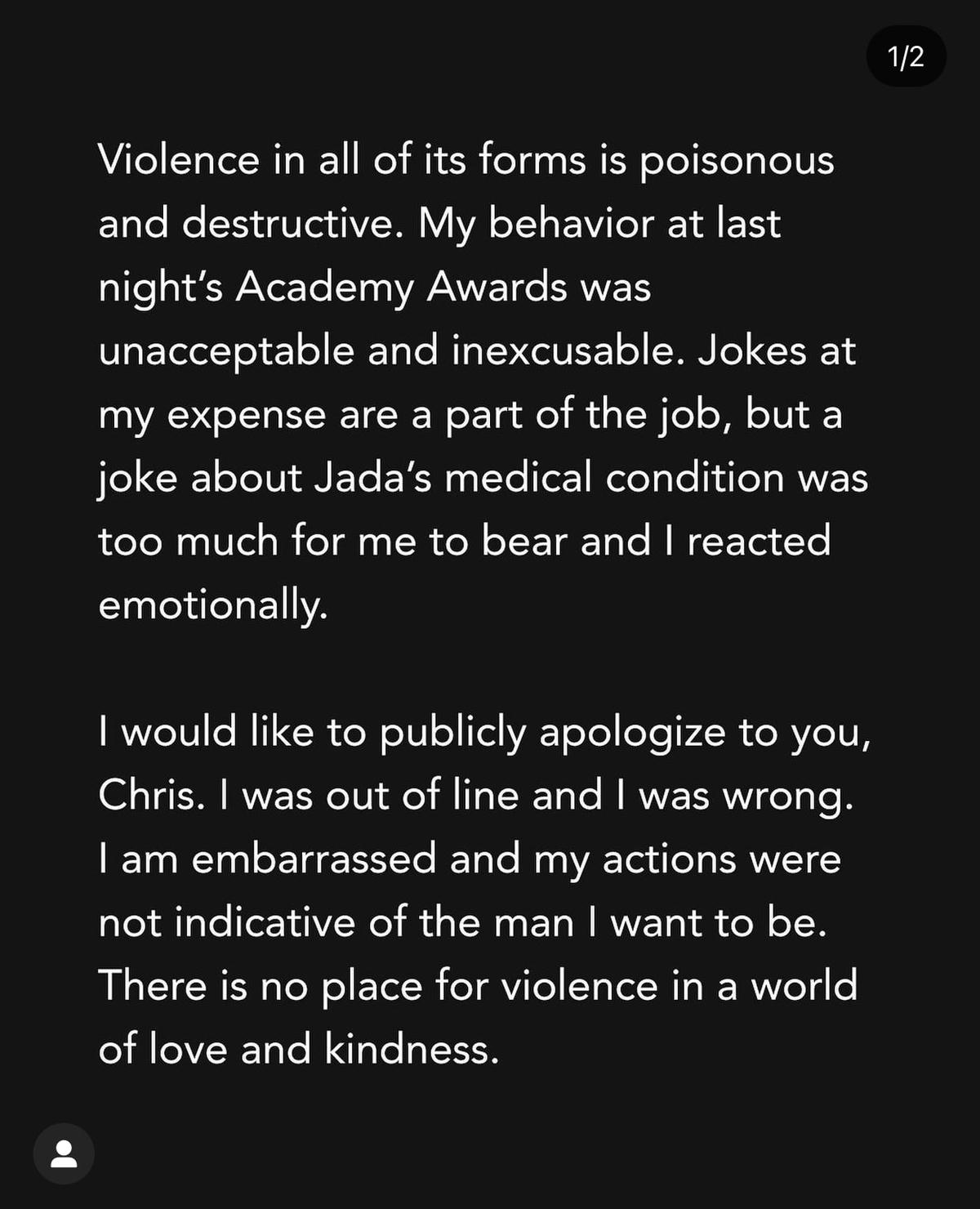 Dòng trạng thái xin lỗi được Will Smith đăng tải trên instagram. Ảnh: Instagram / willsmith.