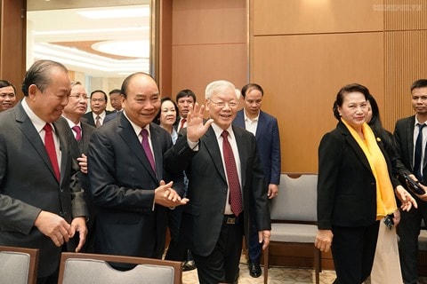 Tổng Bí thư, Chủ tịch nước Nguyễn Phú Trọng; Thủ tướng Nguyễn Xuân Phúc; Chủ tịch Quốc hội Nguyễn Thị Kim Ngân và các đại biểu dự Hội nghị Chính phủ với địa phương (tổ chức ngày 30 - 31/12/2019). Ảnh: VGP.