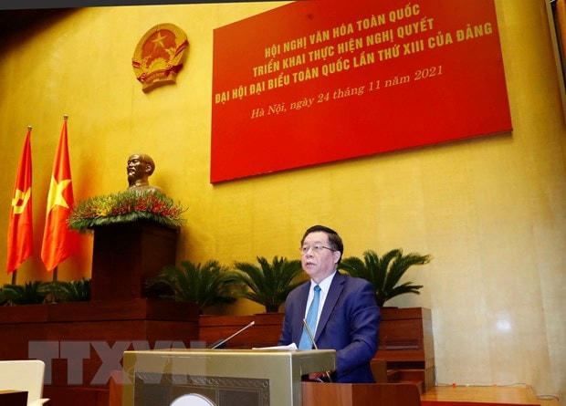 Ông Nguyễn Trọng Nghĩa, Bí thư Trung ương Đảng, Trưởng ban Tuyên giáo Trung ương trình bày báo cáo tại Hội nghị. (Ảnh: Phương Hoa/TTXVN).