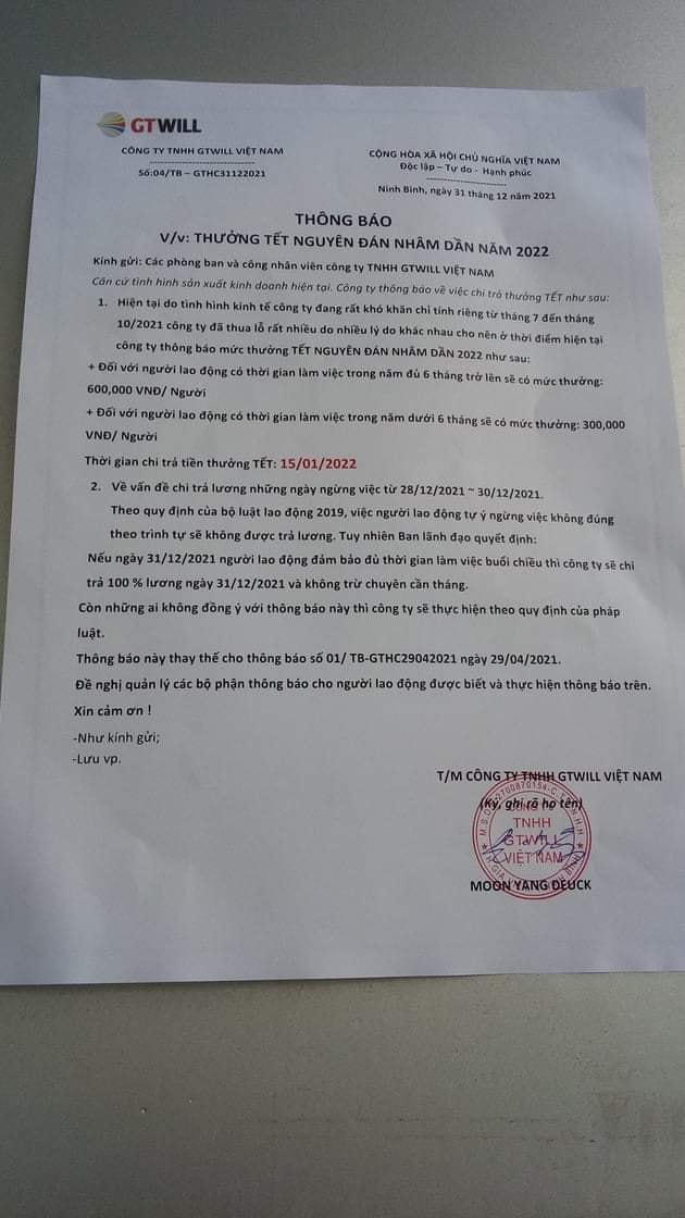 Sau gần 4 ngày đình công, phía GTWill VN mới có văn bản thưởng Tết cho CN.