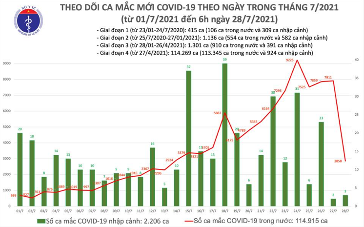Số ca mắc Covid-19 tại Việt Nam tính đến 6h ngày 29/7. Nguồn: Bộ Y tế. 