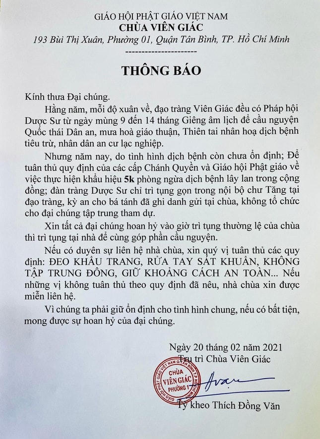 Chùa Viên Giác khuyến cáo Phật tử cầu nguyện tại nhà để phòng dịch Covid-19