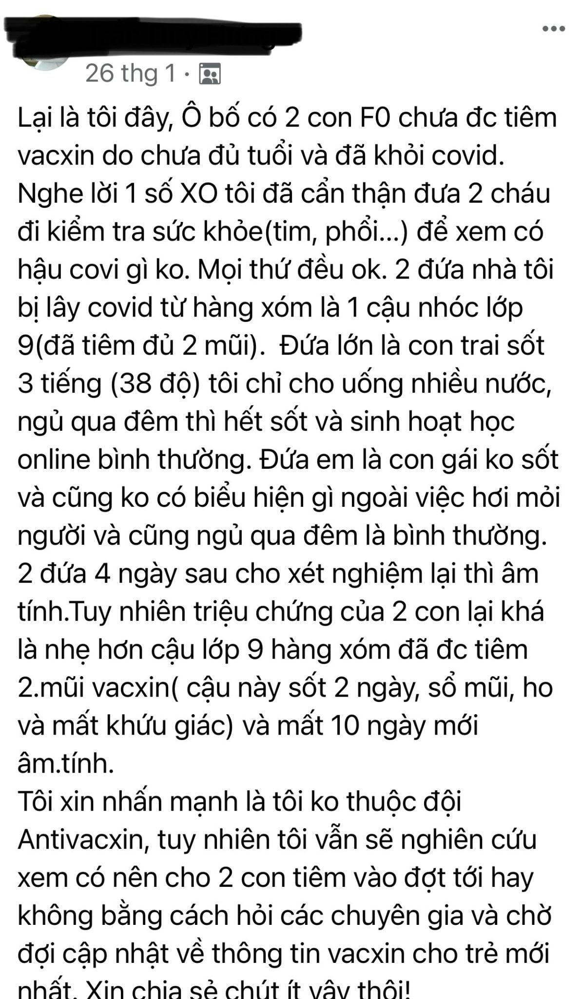Phụ huynh chia sẻ quan điểm về việc tiêm vaccine cho trẻ dưới 12 tuổi trên mạng xã hội.