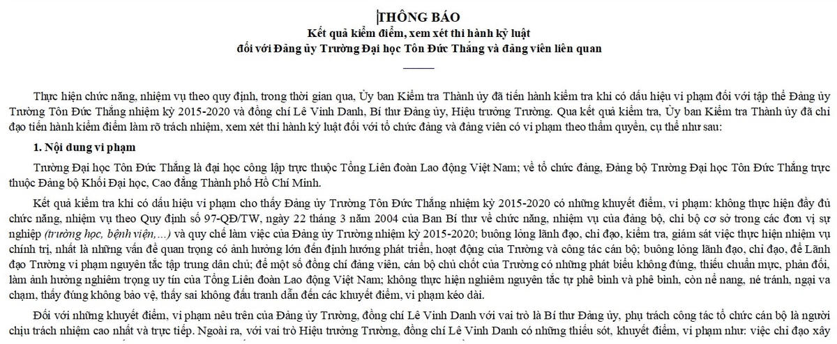Thông báo kết quả kiểm điểm, kỷ luật Đảng tại trường ĐH Tôn Đức Thắng.