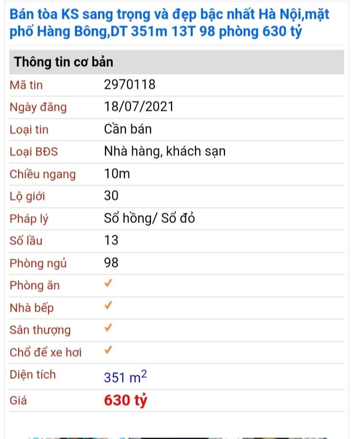Một khách sạn 5 sao đang rao bán mức giá 1,8 tỷ đồng m2.