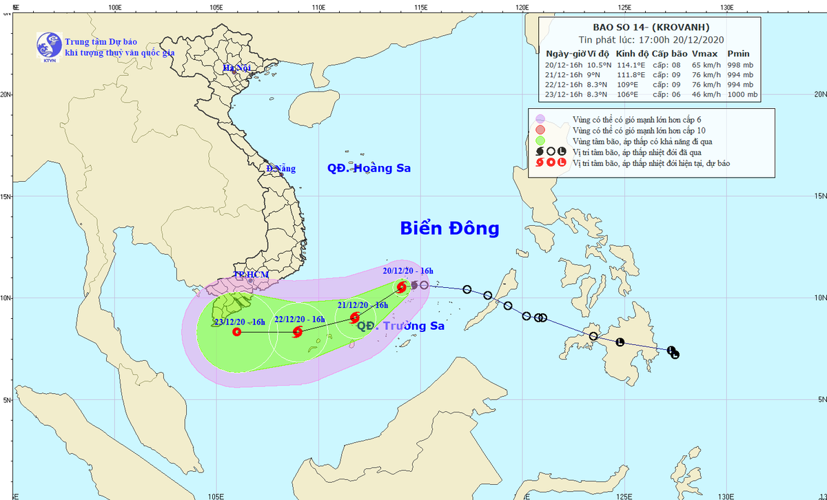 Bão số 14 gây gió giật cấp 10 trên biển Đông