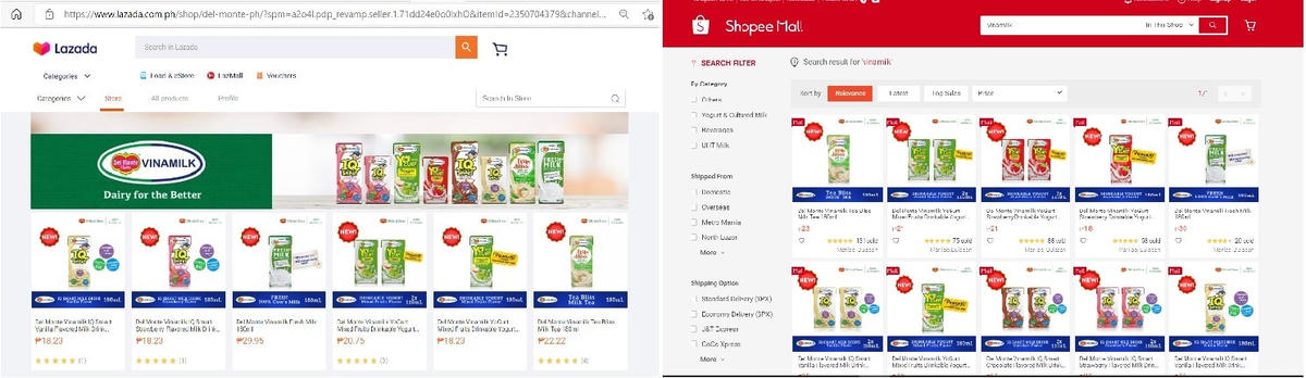 Các sản phẩm của Del Monte-Vinamilk đã có mặt tại các gian hàng chính thức trên kênh thương mại điện tử như Shopee và Lazada tại Philippines.