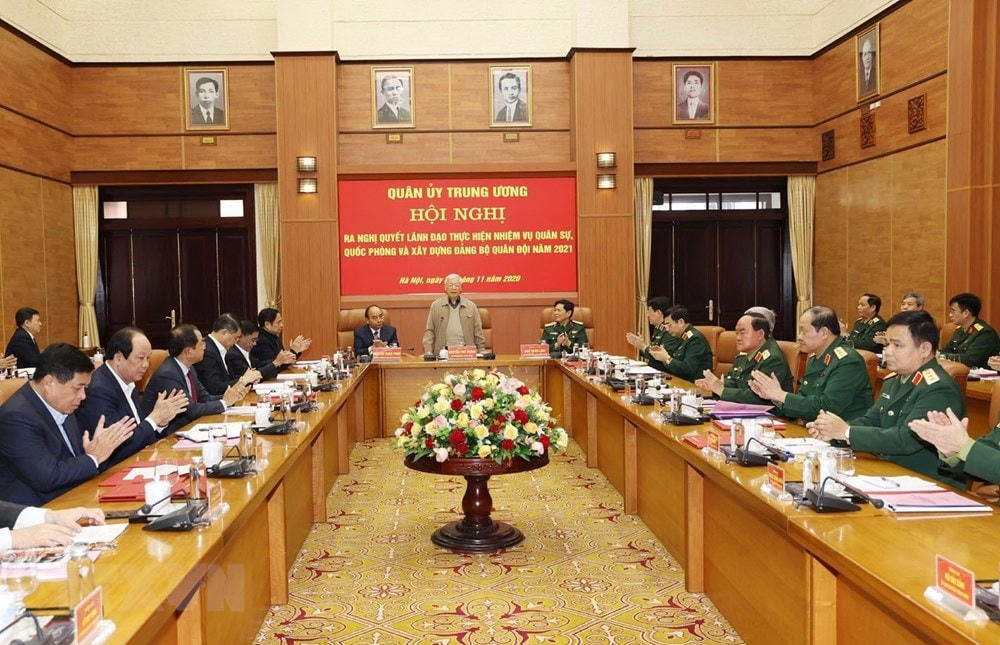 Tổng Bí thư, Chủ tịch nước Nguyễn Phú Trọng, Bí thư Quân ủy Trung ương phát biểu kết luận Hội nghị. (Ảnh: Trí Dũng/TTXVN).