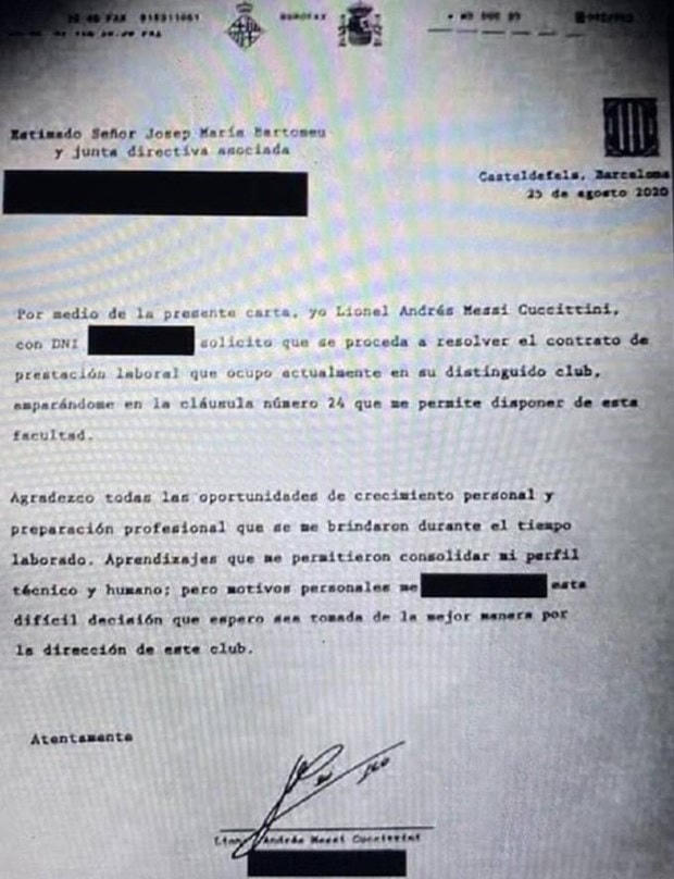 Nội dung bản fax mà Messi gửi đến Barcelona. (Nguồn: TyC Sports).
