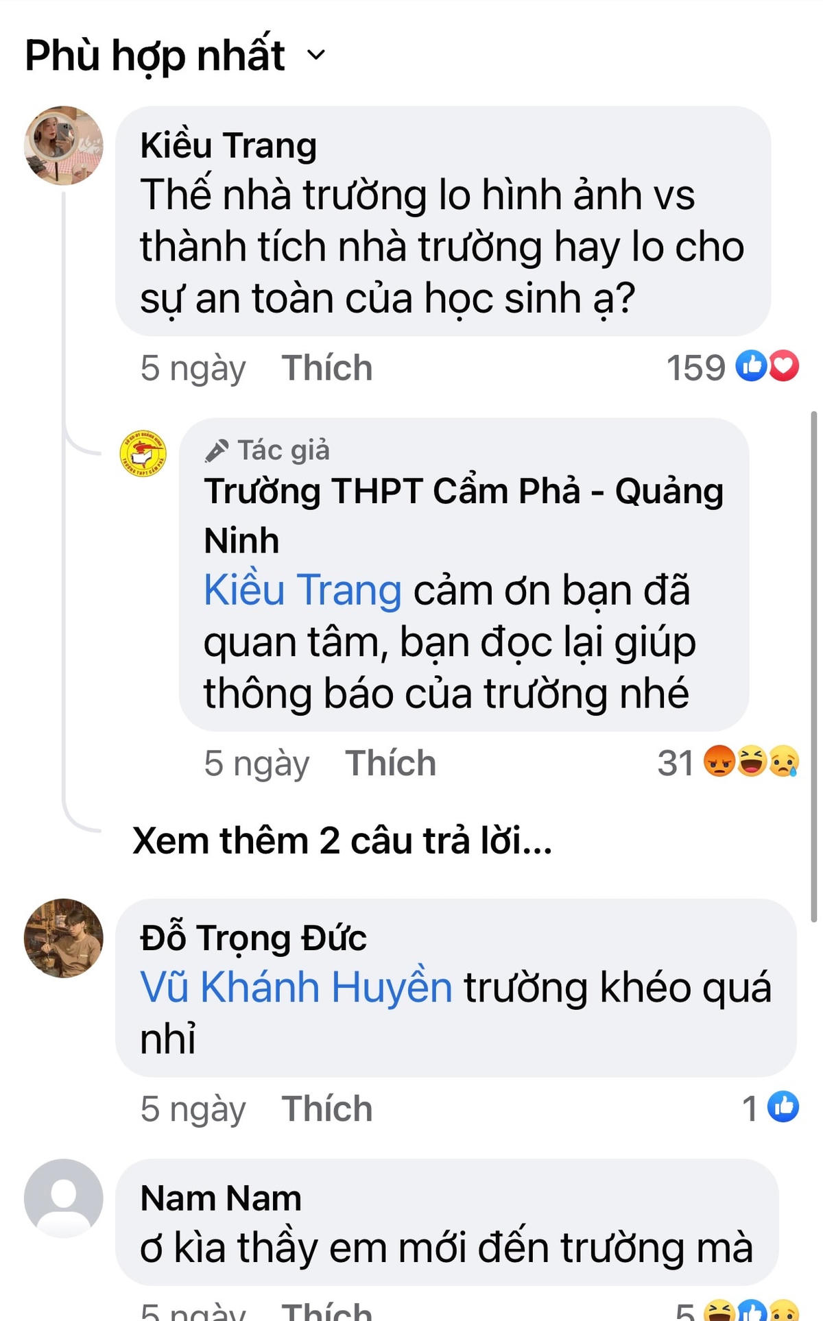 Nội dung thông tin của Trường THPT Cẩm Phả thu hút nhiều bình luận trái chiều của học sinh.