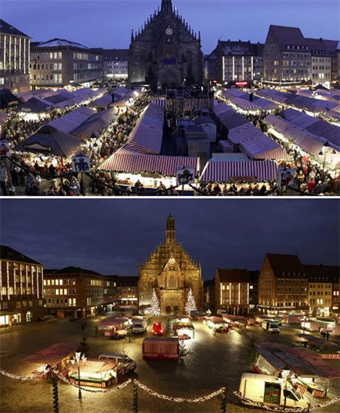 Quảng trường phía trước Nhà thờ Đức Mẹ với Chợ Giáng sinh truyền thống ở Nuremberg, Đức  trước và sau đại dịch Covid-19.