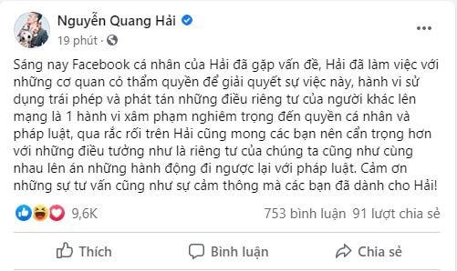 Facebook của cầu thủ Quang Hải&nbsp;bị hacker xâm nhập