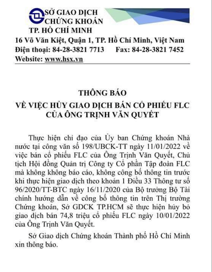 Thông báo của HoSE liên quan đến giao dịch chui của ông Trịnh Văn Quyết. 