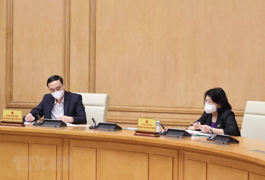 Phó Chủ tịch nước Đặng Thị Ngọc Thịnh và Phó Chủ tịch UBTƯ MTTQ Việt Nam Phùng Khánh Tài tham dự phiên họp. (Ảnh: Thống Nhất/TTXVN)