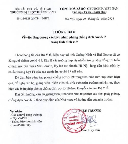 Thông báo của Trường Đại học Thăng Long. (Nguồn: ĐH Thăng Long).