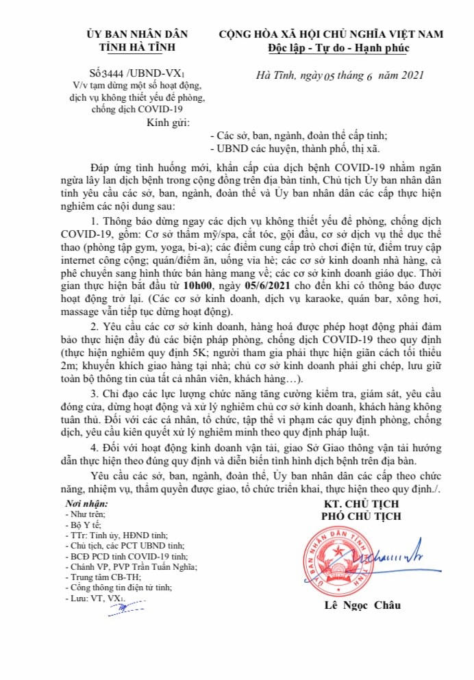 Văn bản chỉ đạo của UBND tỉnh Hà Tĩnh.