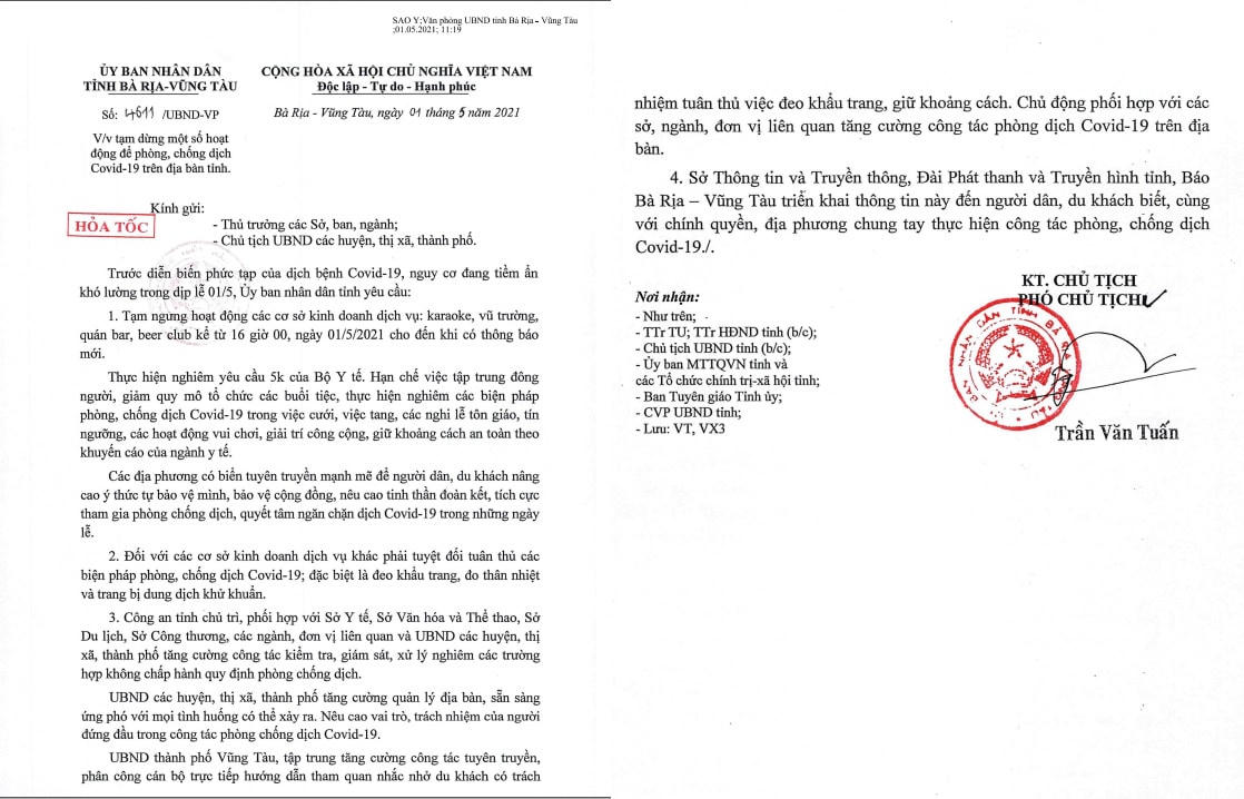 Công văn được Tỉnh Bà Rịa Vũng Tàu ban hành hỏa tốc trong ngày 1/5.