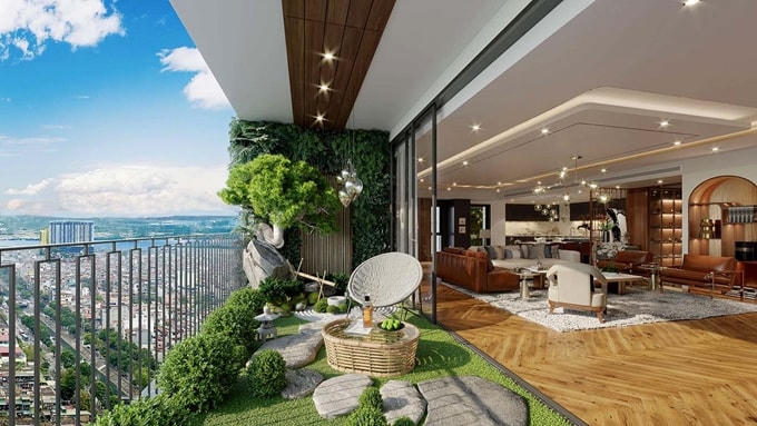 Phòng khách thiết kế mở với tầm view rộng giúp gia tăng không gian sống, luôn tràn ngập không khí trong lành, thoáng đãng.