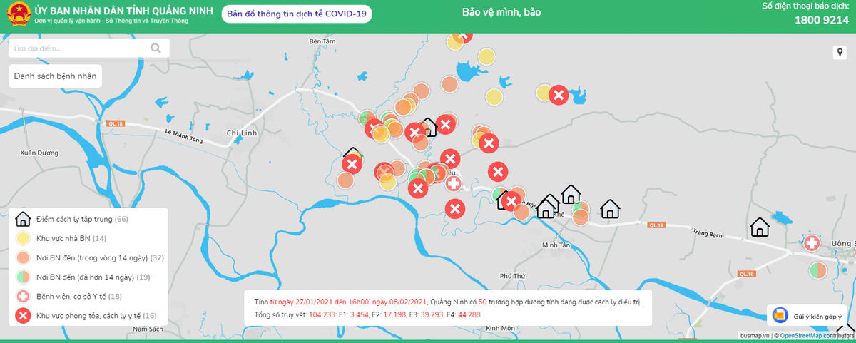  Bản đồ số phòng, chống dịch bệnh Covid-19 trên địa bàn tỉnh Quảng Ninh. Ảnh chụp màn hình.