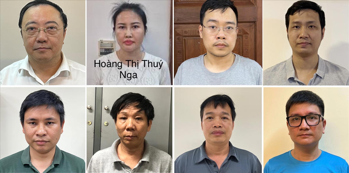 Các bị can lần lượt từ trái sang phải, từ trên xuống dưới: Phan Huy Anh Vũ; Hoàng Thị Thúy Nga; Nguyễn Quang Minh; Nguyễn Tiến Thu; Hoàng Thế Quỳnh; Nguyễn Công Tiến; Ninh Văn Sinh; Vũ Quang Ngọc. Ảnh do CACC.