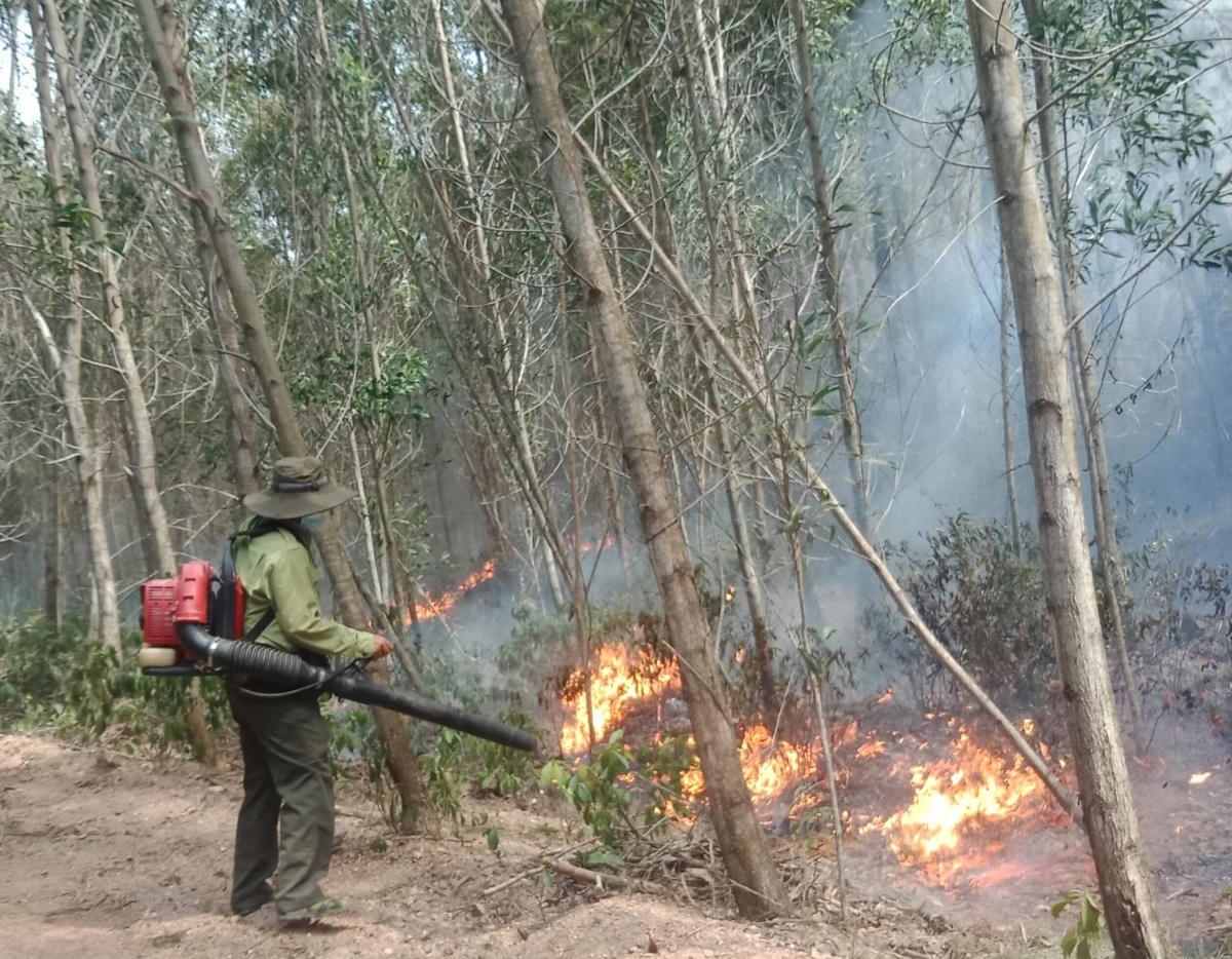 Lực lượng chức năng tham gia dập lửa.