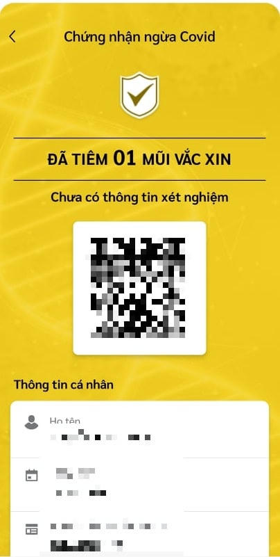 Những người đã tiêm một mũi vaccine ngừa Covid-19 sẽ có chứng nhận màu vàng.