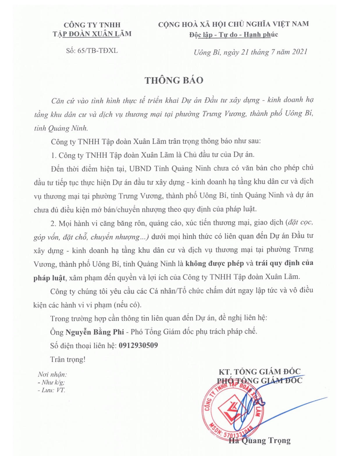 Thông báo của Công ty TNHH tập đoàn Xuân Lãm, Chủ đầu tư Dự án Mario Capital.