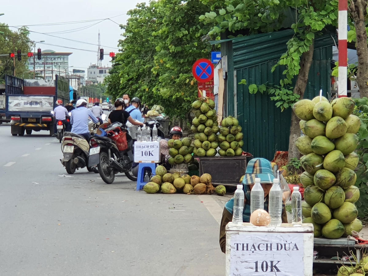 Tràn lan những hàng quán buôn bán hoa quả tự phát "ăn trọn" lòng lề đường. Ảnh: Hoàng Chiến.