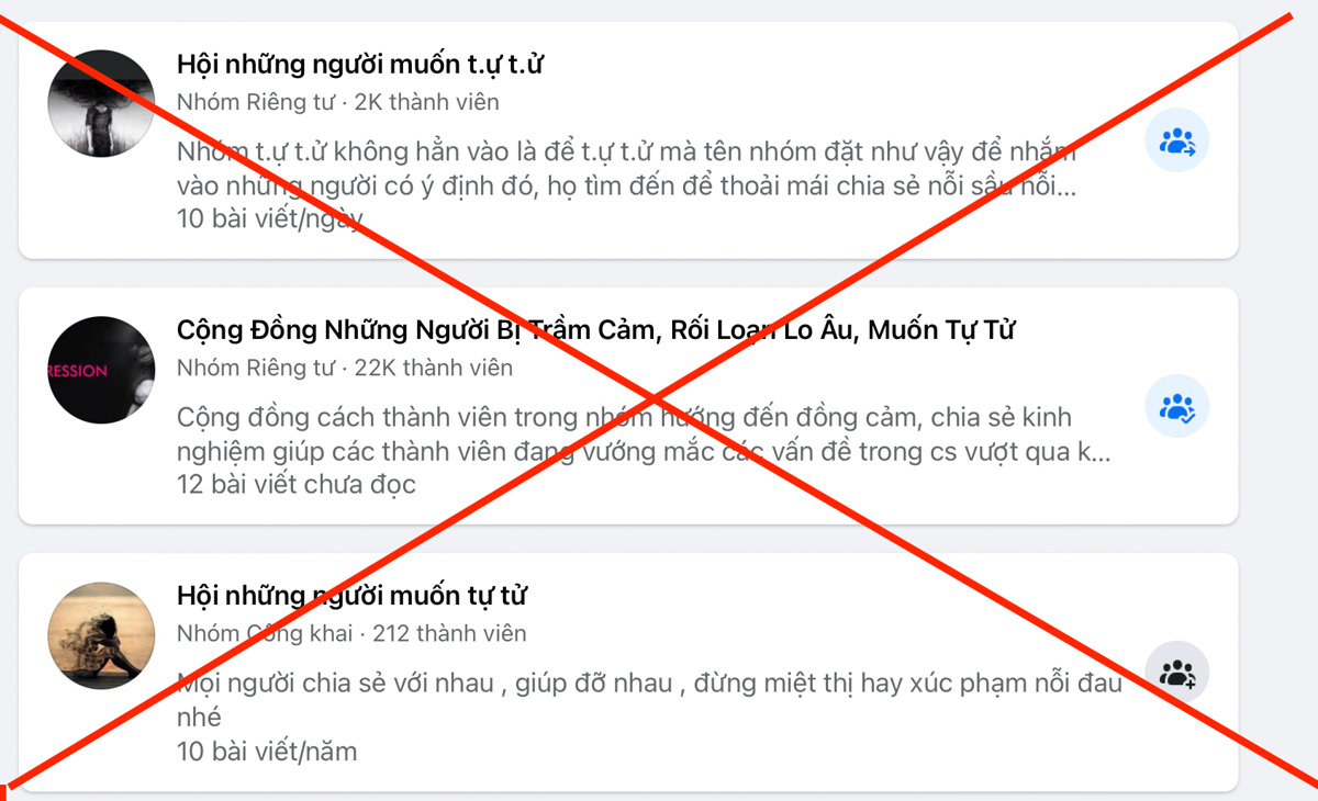 Các hội nhóm muốn tự tử nhan nhản xuất hiện trên facebook. Ảnh chụp màn hình.
