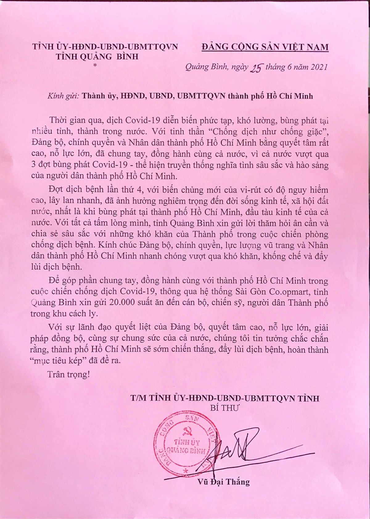 Bí thư Tỉnh ủy Quảng Bình gửi thư thăm hỏi nhân dân TP. Hồ Chí Minh.