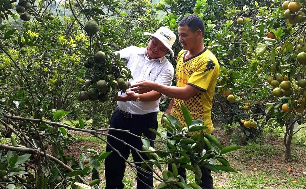 Ông Tâm đến từng hộ gia đình có mô hình trồng trọt, chăn nuôi hiệu quả động viên, khuyến khích họ tiếp tục phát huy để phát triển kinh tế.