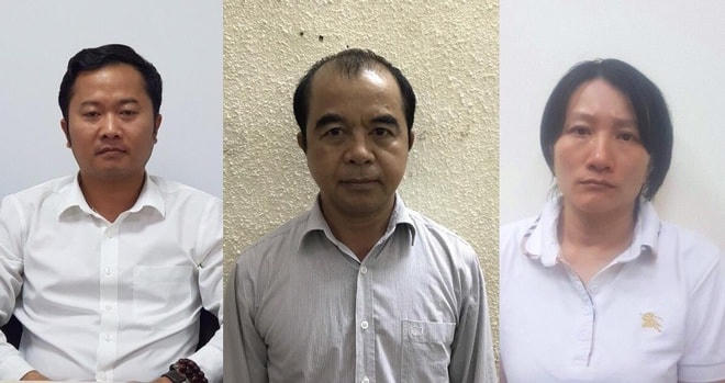 Các bị can Dương Văn Hòa (trái), Trần Ngọc Quang  và Phạm Vân Thùy. Ảnh: Bộ Công an