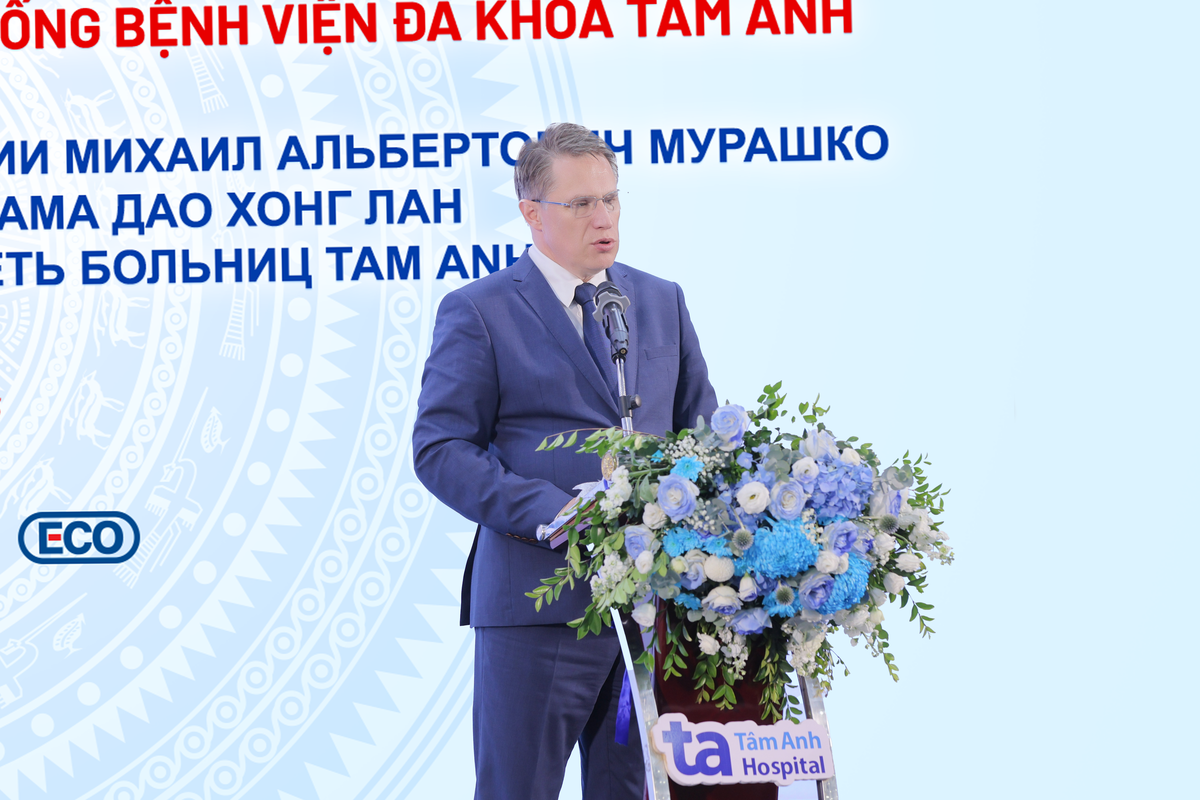 Bộ trưởng Bộ Y tế Liên bang Nga Mikhail Albertovich Murashko phát biểu tại lễ ký kết. Ảnh: BVĐK Tâm Anh.