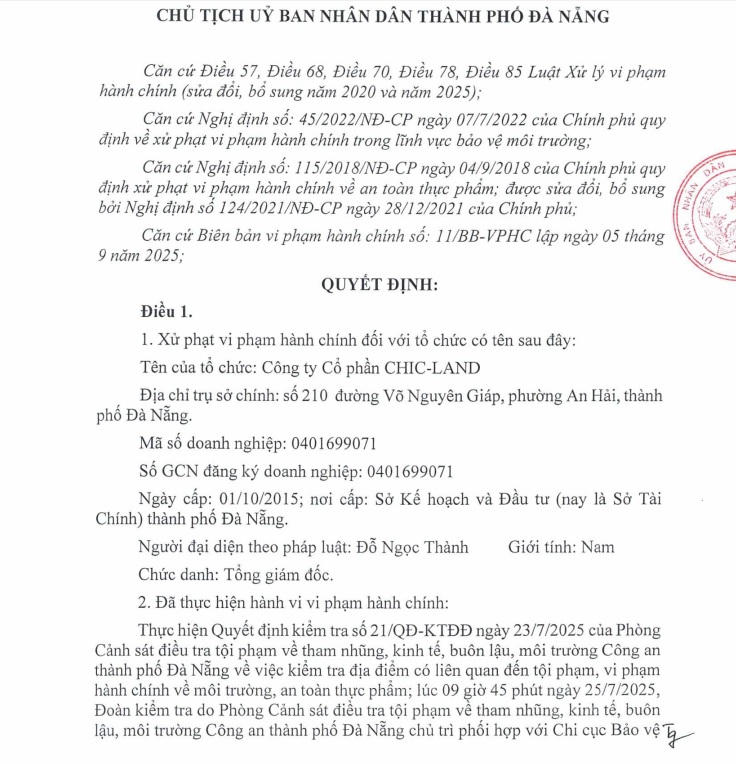Quyết định xử phạt Công ty CP Chic-Land. Ảnh: Nguyễn Tú.