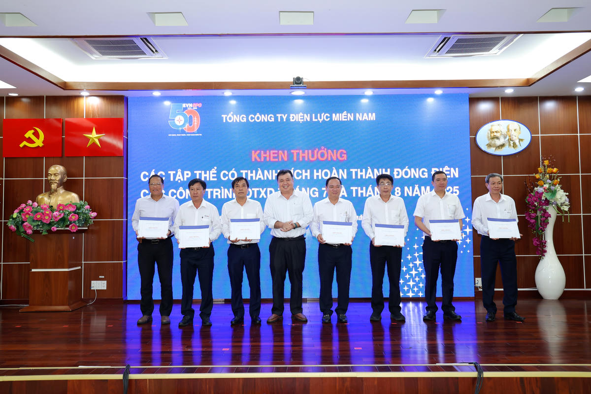 Phó Tổng giám đốc EVNSPC Đoàn Đức Hưng khen thưởng các tập thể có thành tích hoàn thành đóng điện các công trình đầu tư xây dựng tháng 7 và tháng 8/2025.