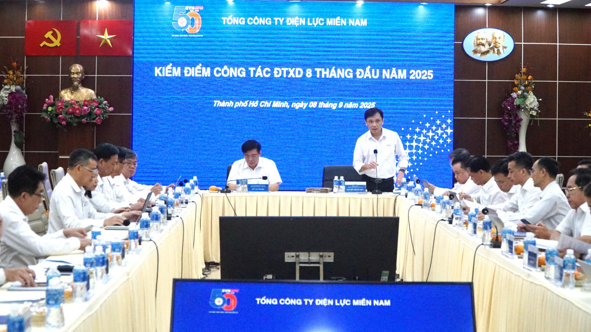 Tổng giám đốc EVNSPC Nguyễn Phước Đức phát biểu chỉ đạo tại cuộc họp Tổng kết công tác đầu tư xây dựng 8 tháng đầu năm 2025.