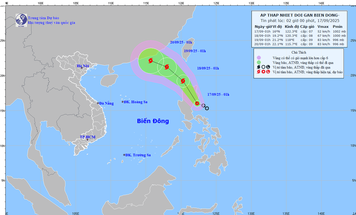 Hướng đi của áp thấp nhiệt đới. Nguồn: Trung tâm Dự báo Khí tượng Thủy văn Quốc gia.
