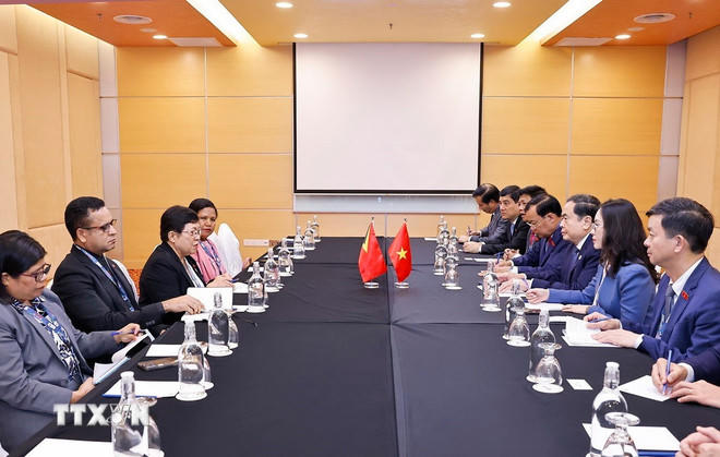  Chủ tịch Quốc hội Trần Thanh Mẫn gặp Chủ tịch Quốc hội Timor Leste Maria Fernanda Lay. (Ảnh: Doãn Tấn/TTXVN) 