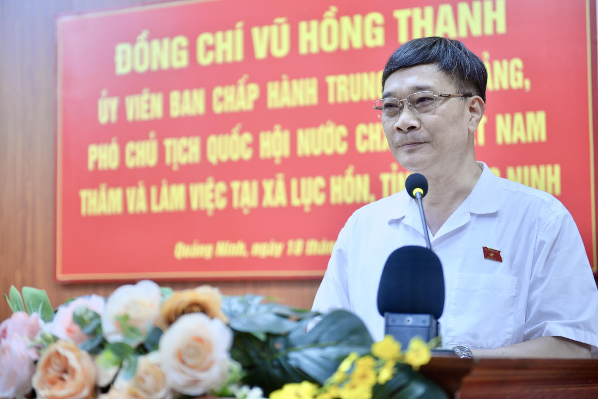 Phó Chủ tịch Quốc hội Vũ Hồng Thanh phát biểu tại buổi làm việc với Đảng ủy xã Lục Hồn. Ảnh: Ngọc Anh.