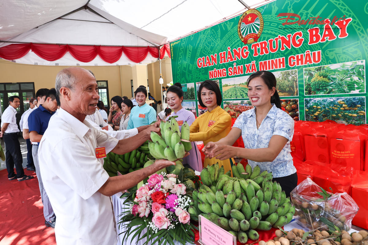 Các sản phẩm nông nghiệp tiêu biểu của xã được giới thiệu tại gian hàng trưng bày sản phẩm. Ảnh: Quang Vinh.