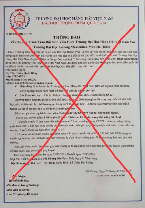Văn bản giả mạo của Trường Đại học Hàng Hải Việt Nam. Ảnh: CTV.