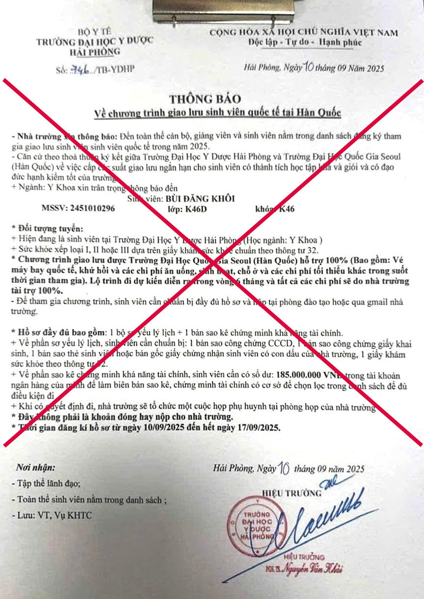Văn bản giả mạo Trường Đại học Y dược Hải Phòng. Ảnh: CTV. 