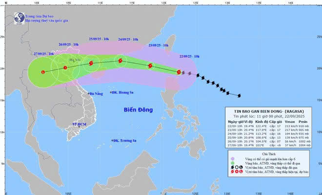 Cập nhật vị trí và đường đi của bão Ragasa vào 11h ngày 22/9. Nguồn: Trung tâm Dự báo Khí tượng Thủy văn Quốc gia