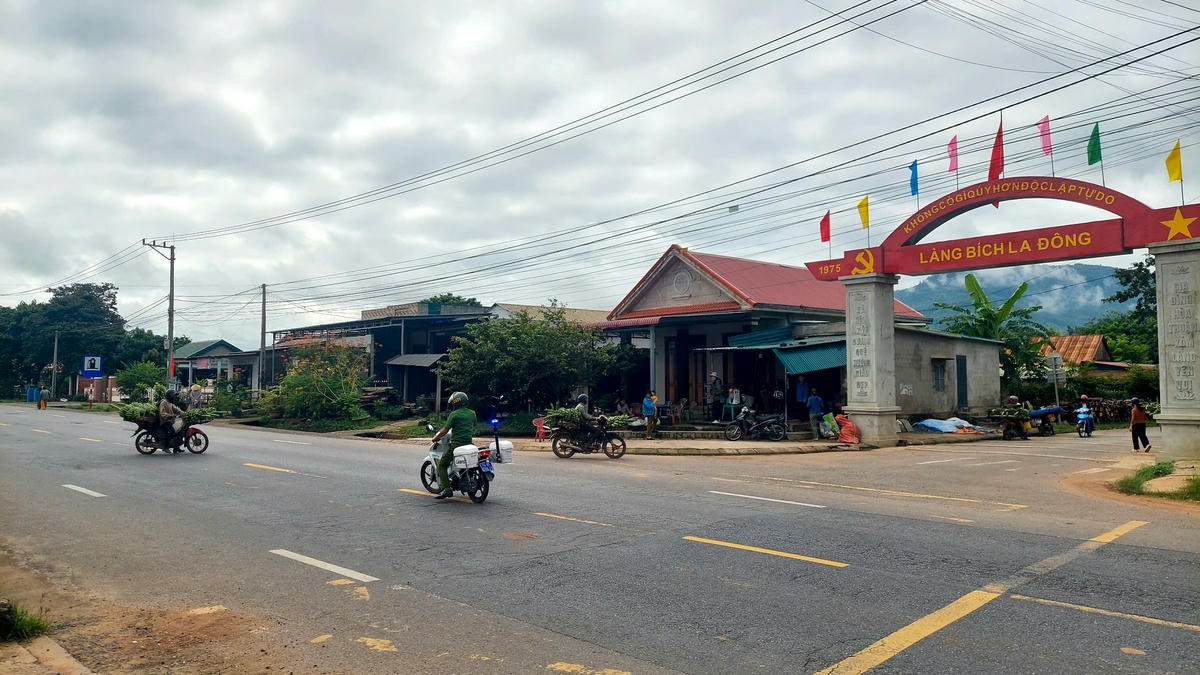 Lực lượng Công an xã Lao Bảo tuần tra, hướng dẫn người dân đến khu vực tập kết, mua bán chuối tạm thời. Ảnh: ĐN.