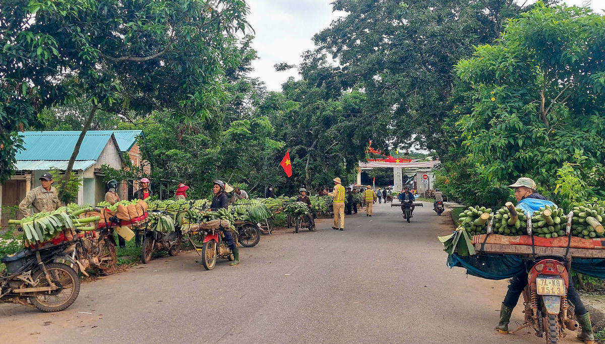 Lực lượng chức năng có mặt để hướng dẫn người dân di chuyển, dừng đỗ, đảm bảo an toàn giao thông tại địa điểm mua bán chuối tạm thời. Ảnh: ĐN.