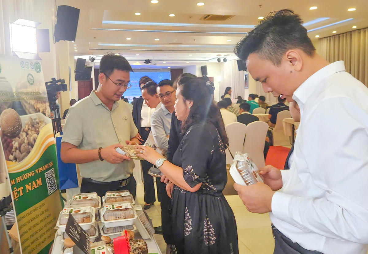 Doanh nghiệp tham quan một số sản phẩm, chủ yếu thực phẩm phục vụ khách Hồi giáo tại hội thảo. Ảnh Nguyễn Minh.