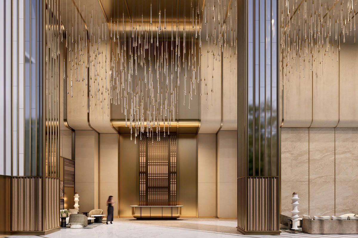 Sảnh đón căn hộ cao 14m, ốp đá cao cấp mang đến không gian bề thế, sang trọng. Ảnh: Sun Property.